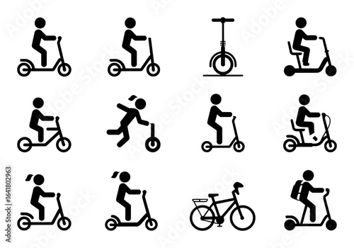 Diverse people riding scooters unicycles and bicycles person