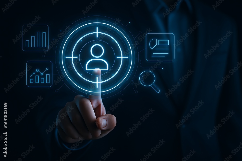 Fototapeta premium Person touches digital target with user icon and analytics data icons technology interface