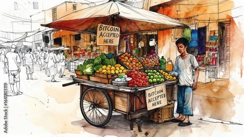 Market scene with Bitcoin vendor