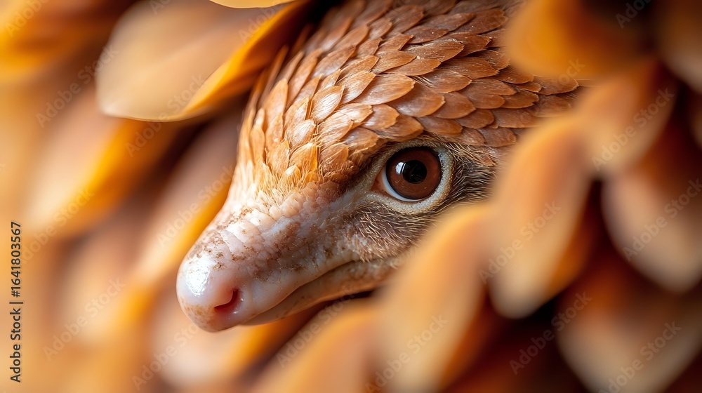 Obraz premium Close up macro shot of pangolin face with detailed scales and eye in warm golden tones showing texture and pattern of endangered species in natural habitat.