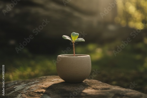 Tiny seedling in a pot on a log with soft forest background
