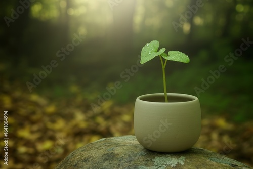 Young plant sprouts in a pot on a rock with forest background