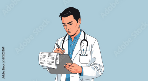Attentive Male Doctor Carefully Making Notes on Patient's Chart in Office Setting