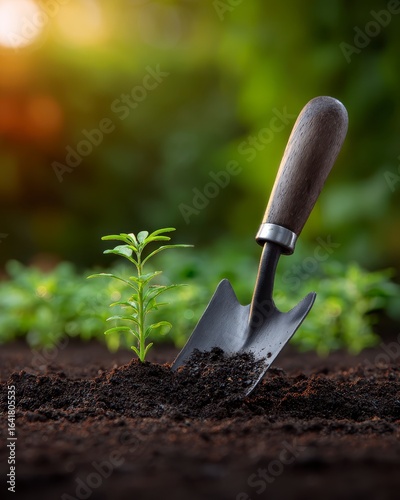 Gardener Using Trowel to Plant Seedling in Soil Surrounded by Lush Greenery During Sunrise