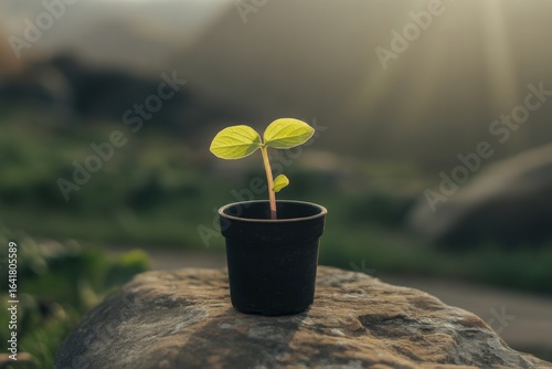 Young seedling in a pot on a rock with sunlight