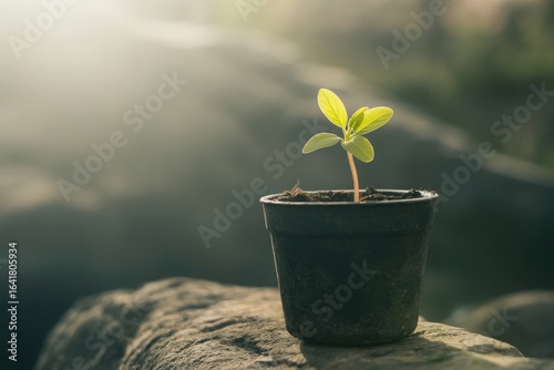 Young plant sprouts in a pot bathed in soft sunlight