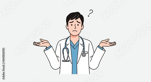 Confused doctor shrugging shoulders wearing lab coat with question mark icon above head