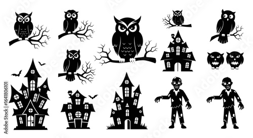 Collection of Halloween Silhouettes: Owls, Haunted Houses, and Zombies