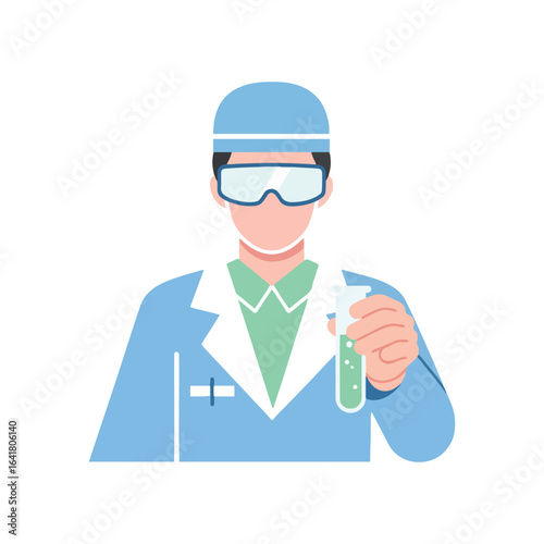 A scientist in a lab coat and cap holds a test tube with green liquid, wearing protective goggles.