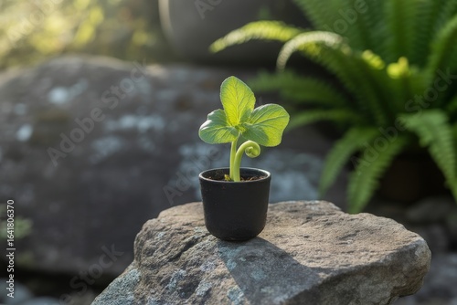 Small green plant sprouts in a black pot on a rock