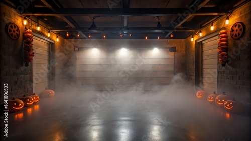 Spooky Halloween Garage Scene with Pumpkins and Fog in an Industrial Setting