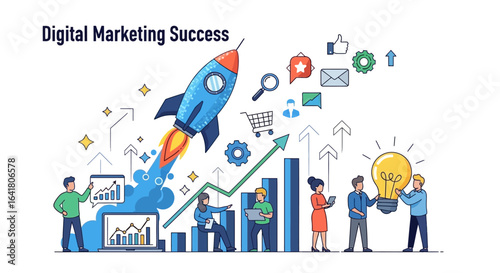 Team working together to achieve digital marketing success, symbolized by a rocket launching.