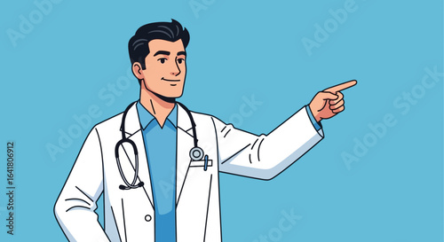 Friendly Doctor Illustration Pointing to Something Important on a Blue Background