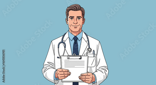 Friendly doctor with clipboard, ready to assist with healthcare needs in professional setting