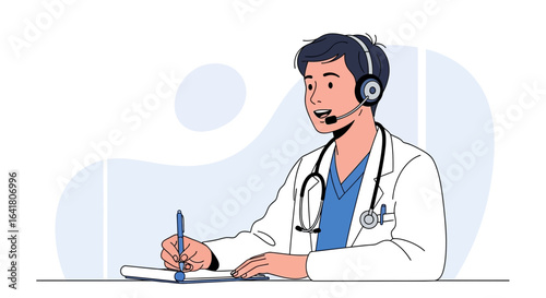 Friendly doctor with headset providing telemedicine consultations and taking notes