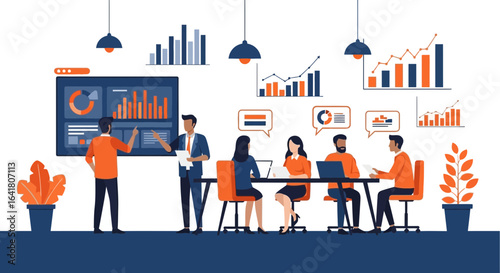 Illustration of a business meeting with data presentation and analysis showing teamwork to discuss