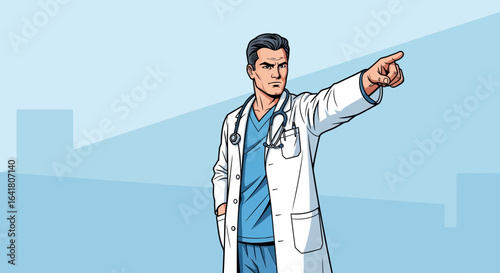 Illustration of a confident male doctor pointing forward with determined look