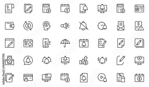 Subscription line icon set. Pixel perfect. Editable stroke. The set includes a Subscription, Newsletter, Newspaper, Reminder, Notification Icon, Letter, Megaphone, Bell, Mail, Message, Web Page.