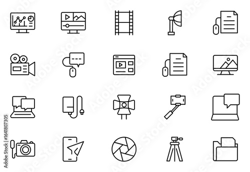 Content creation line icon set. Group of object. Innovation, creativity, ideas, Vlogging, Photos, Videos, Sharing, Follower.