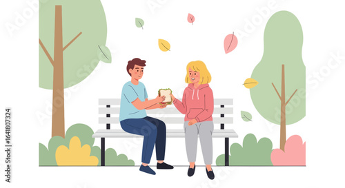 Illustration of a friendly gesture of sharing a sandwich in a park setting scene
