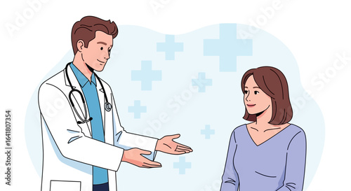 Illustration of a male doctor explaining something to a female patient with medical background