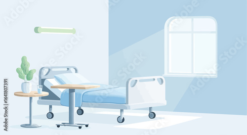 Illustration of a serene hospital room with focus on healing and recovery