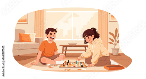 Illustration of two children playing board game together at home in cozy setting