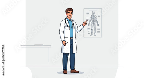 Medical professional explaining the human anatomy on a chart in office illustration