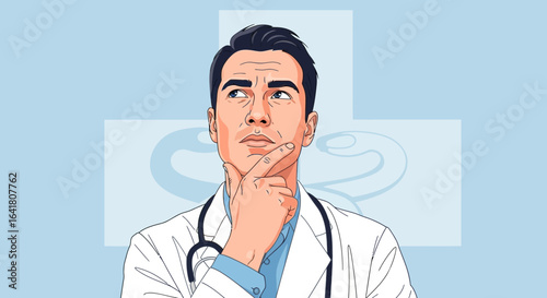 Pensive doctor contemplating a diagnosis with hand on chin on a blue background