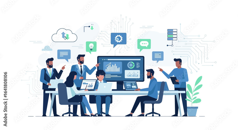 Fototapeta premium Team collaboration on data analysis and cloud technology in a modern office environment