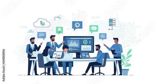 Team collaboration on data analysis and cloud technology in a modern office environment