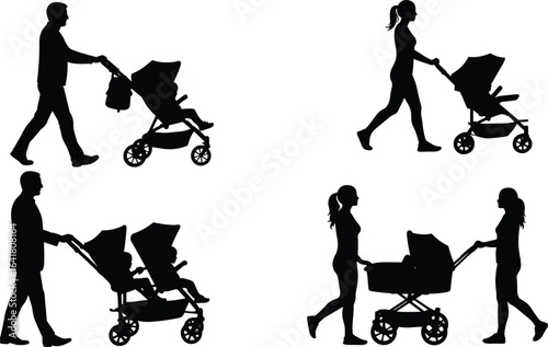 Silhouette of Parents and Caregivers Walking with Strollers, Family Time, Childcare, Parenting, and Outdoor Activities in Black and White
