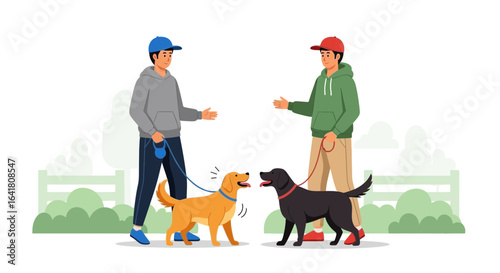Two owners and their dogs meeting in a park for a friendly interaction illustration