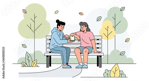 Two friends sharing a snack on a park bench in a clean vector illustration