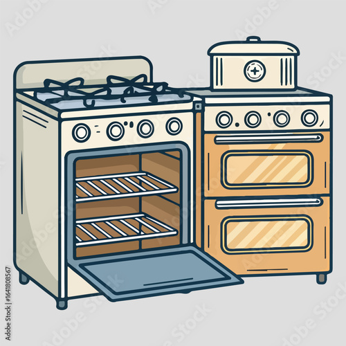 Kitchen household appliances set with electric stove, gas cooker, microwave, and washing machine, isolated on white