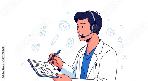 Virtual healthcare assistance: Cartoon doctor taking notes during a telehealth consultation