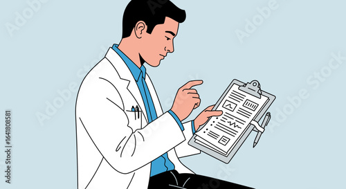 Thoughtful young male doctor reviewing patient medical history documentation or record