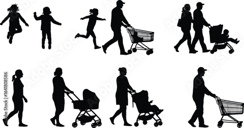 Silhouette of Families Walking with Strollers and Shopping Carts, Parent and Child Activity, Family Bonding, Outdoor Lifestyle