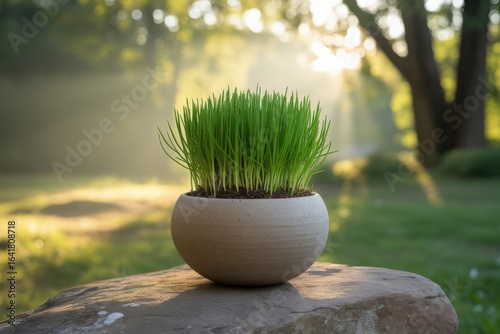 Vibrant green sprouts in a pot on a stone at sunrise