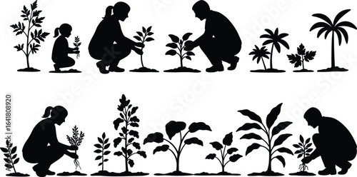 Family planting trees and gardening together, environmental care, outdoor activity, sustainable living, teamwork, nurturing plants, eco-friendly lifestyle, nature conservation, healthy environment