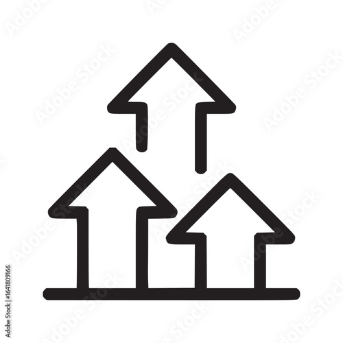 Three upward pointing arrows arranged with a horizontal line at the base in black outline style