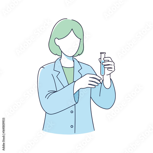 A female scientist in a lab coat examines a test tube.