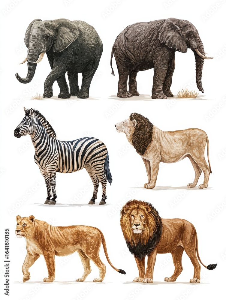 Naklejka premium set of african wild animals in cartoon style including elephants zebras and lions isolated on white