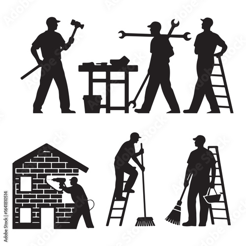 A black and white silhouette illustration of construction and maintenance workers in various positions. 
