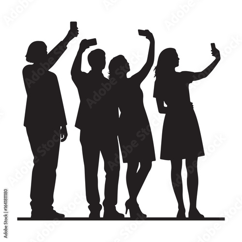 A black and white silhouette illustration of five people taking selfies white background. 