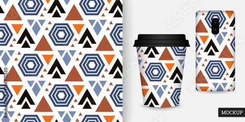 Geometric seamless pattern. Abstract background with colorful geometric shapes. Repeating texture. Vector illustration. Design for paper, wallpaper, fabric. Mockup.