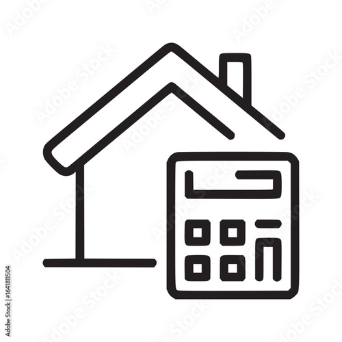 A simple line drawing of a house with a chimney and a calculator on a white background icon image