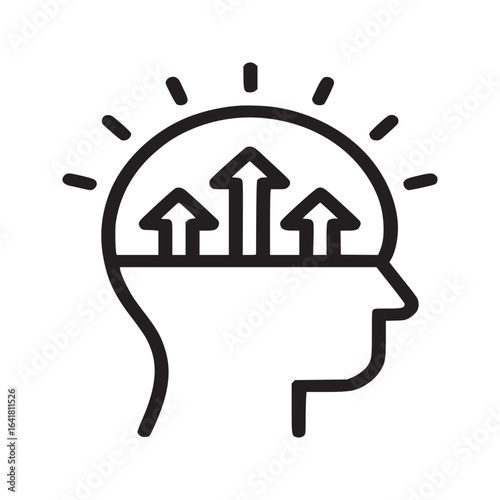 Outline of a head with arrows pointing upward representing growth mindset and positive thinking concept