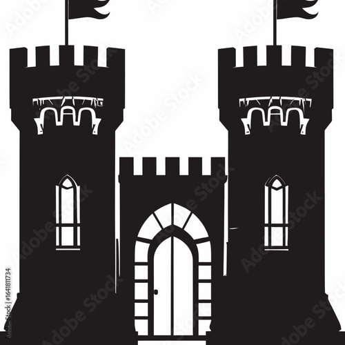 Black silhouette illustration of a castle with two towers, a central gate, flags, and windows. Walls, battlements
