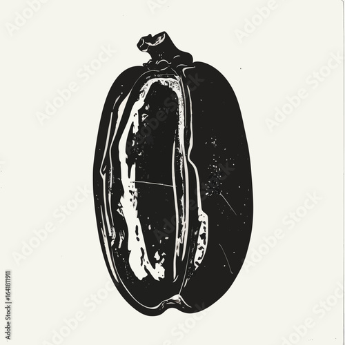 Bold black and white linocut of a halved, elongated fruit with a stem, revealing inner structure
